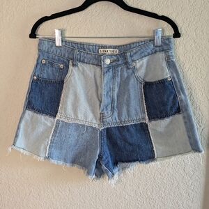 Signature 8 High-Waisted Denim Shorts Color Block 100% Cotton Size L Button Up